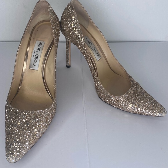 Jimmy Choo Romy Coarse Glitter Gold Fabric Pump Heels - Picture 1 of 8
